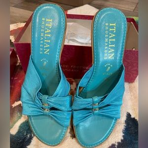 Italian Shoemakers, St. Tropez Blue Grayson Cork Platform Wedges, size 8 1/2